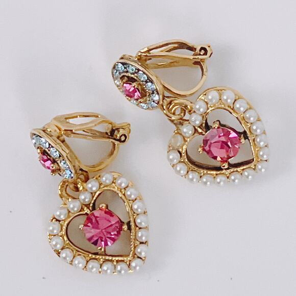 Vintage Y2K Gold Tone Heart Clip On Earrings Pink Blue Rhinestone Faux Pearl - Picture 4 of 12